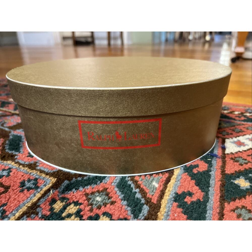 Vintage Ralph Lauren Polo Gold Gift Box Hat Box with Red Lettering Oval Empty